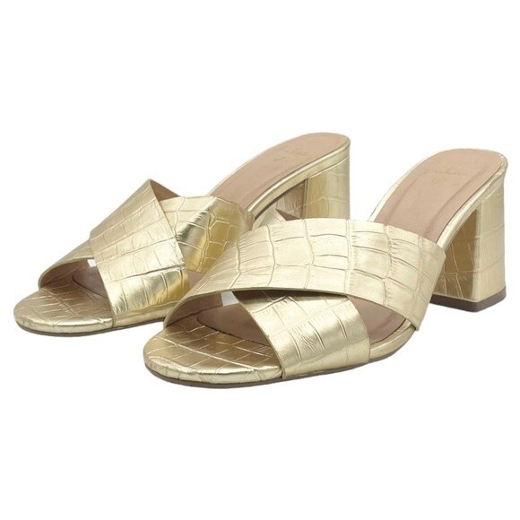 Lulus Ybarra Metallic Gold Croc-Embossed Block Heel Leather Sandals Size 7.5 - Picture 4 of 16
